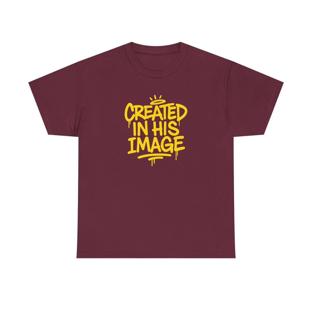 Maroon T-shirt with “Created In His Image” yellow graphic