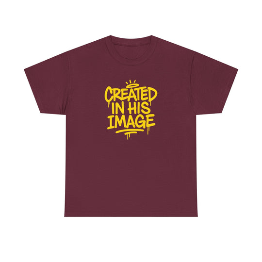Maroon T-shirt with “Created In His Image” yellow graphic