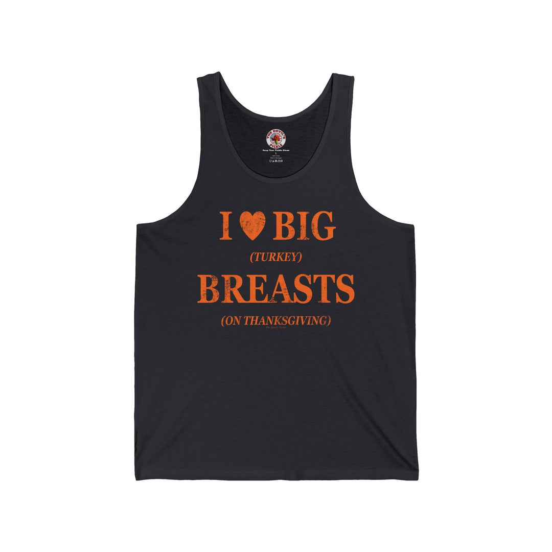 Dark tank top with “I ♥ BIG BREASTS” front print and orange “Turkey” detail