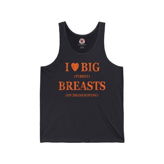 Dark tank top with “I ♥ BIG BREASTS” front print and orange “Turkey” detail