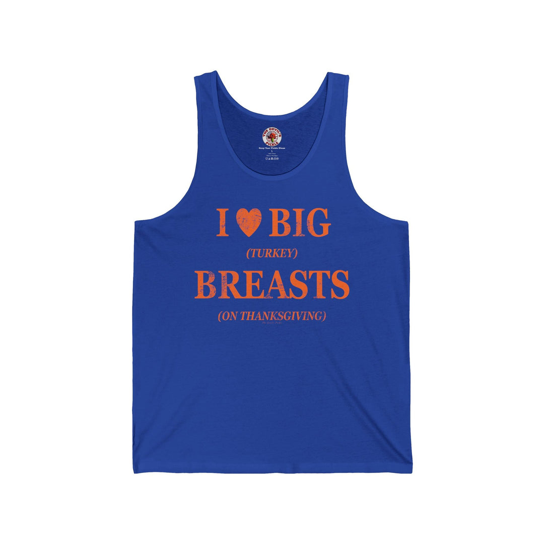 Royal blue tank top with “I ♥ BIG BREASTS” text and orange “Turkey” detail