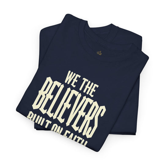 We The Believers T-Shirt (Navy) with bold street graphic and small cross.