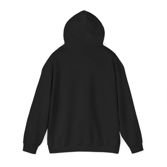 Unisex black hoodie, back view with hood and long sleeves