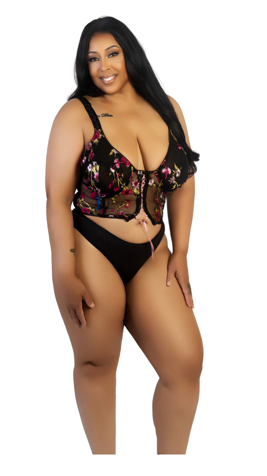 Floral embroidered bustier with thin straps and matching black panty with lace trim