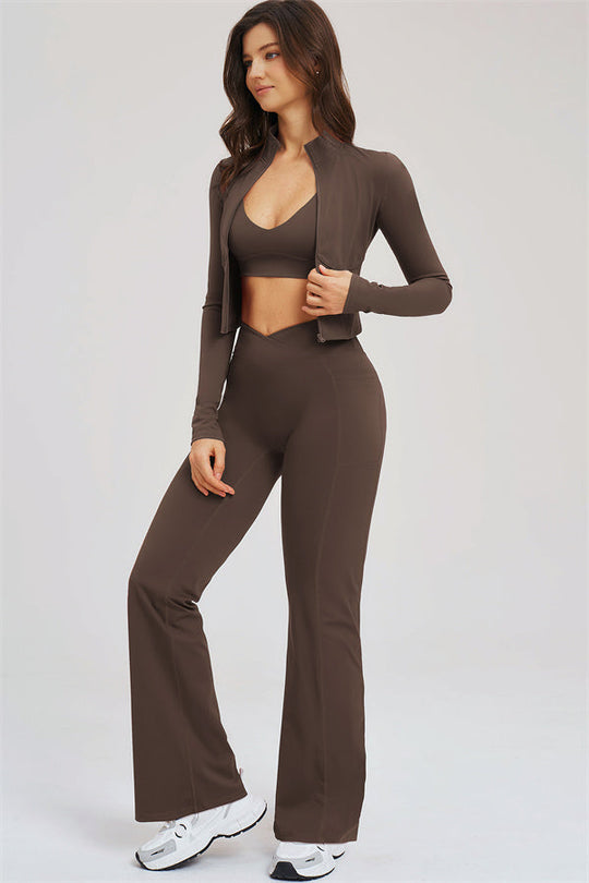 Taupe front view of zip jacket set with sports bra and flared leggings