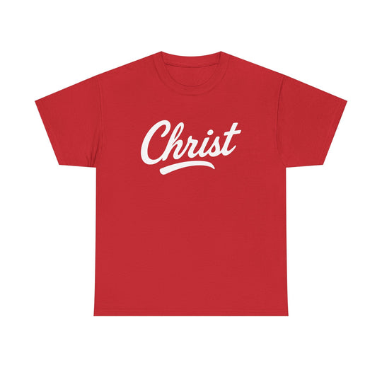 Red unisex T-shirt with "Christ" script graphic on front