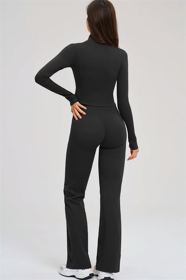 Schwarzes 3-teiliges Sport-Set: Zip-Jacke, Sport-BH &amp; Schlagleggings, Damen