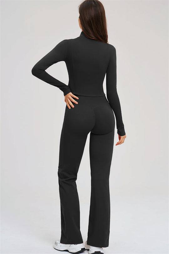 Schwarzes 3-teiliges Sport-Set: Zip-Jacke, Sport-BH &amp; Schlagleggings, Damen