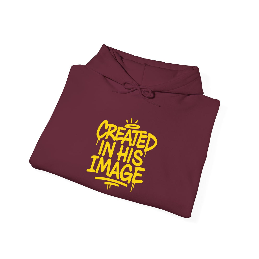 Maroon hoodie front with hood drawstring and yellow &
