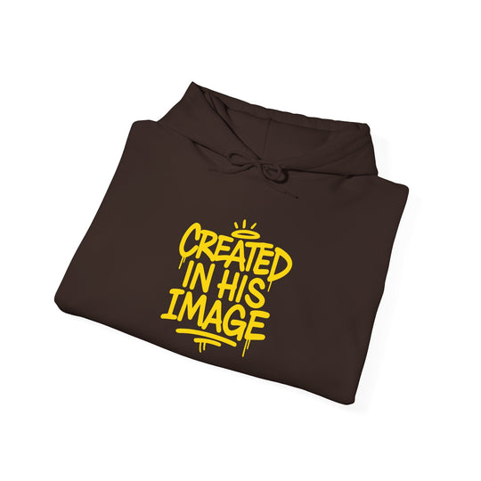 Dark Chocolate hoodie front, hood drawstring and yellow &