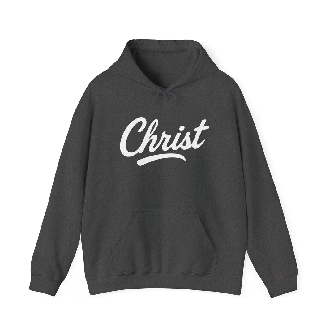 Unisex dark heather hoodie with hood and drawstrings, white “Christ” graphic on front