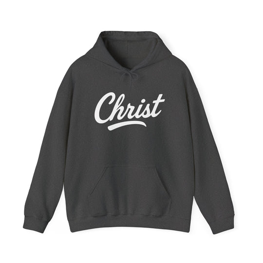 Unisex dark heather hoodie with hood and drawstrings, white “Christ” graphic on front