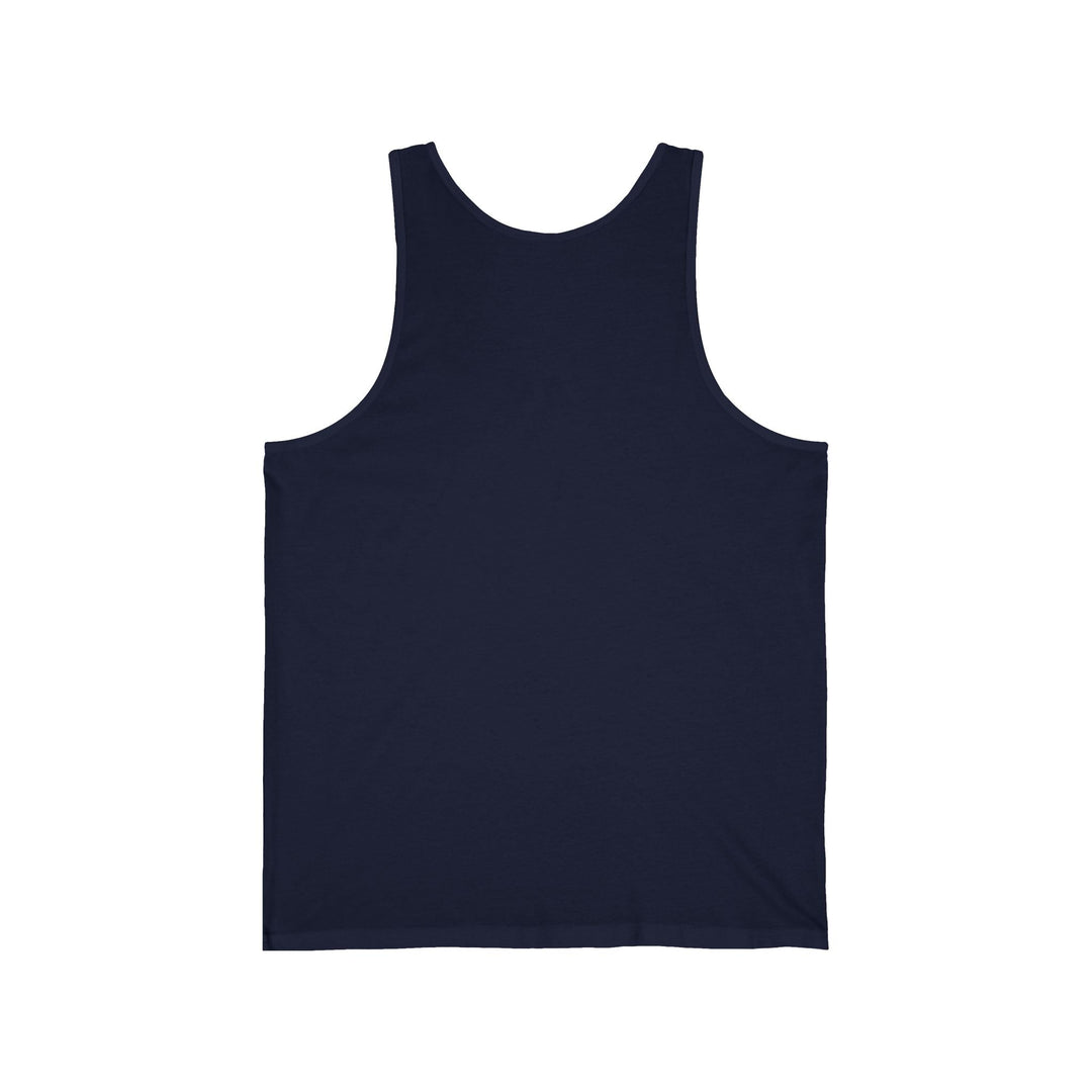 Navy tank top, plain front with scoop neckline and wide shoulder straps