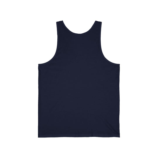Navy tank top, plain front with scoop neckline and wide shoulder straps