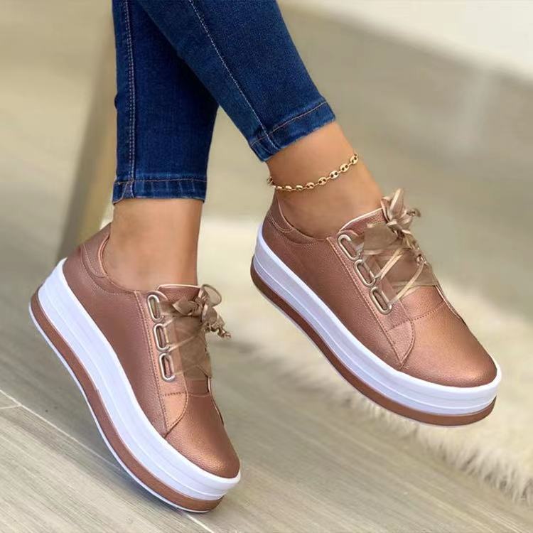 Rose gold lace-up platform sneakers, round toe, tulle bow detail, white sole