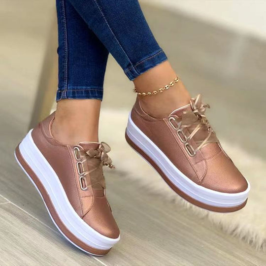 Rose gold lace-up platform sneakers, round toe, tulle bow detail, white sole