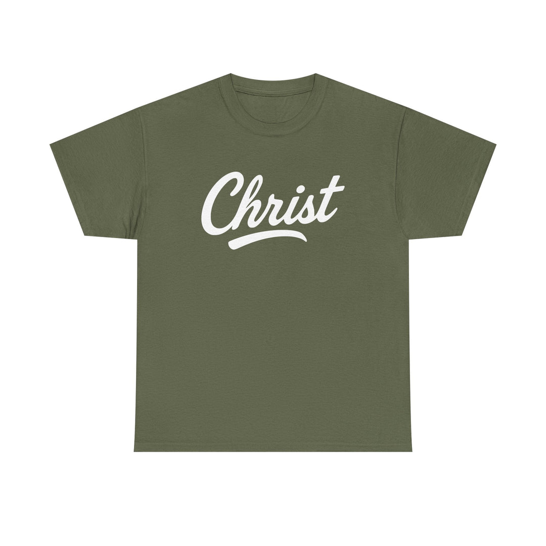 Forest green unisex T-shirt with "Christ" script graphic on front