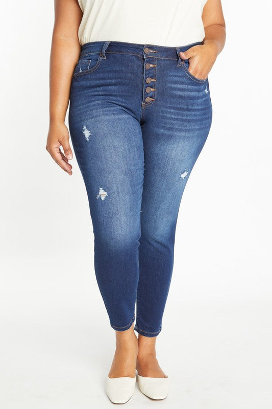 Curvy destructed ankle skinny jean, dark medium wash with distressed patches at thighs