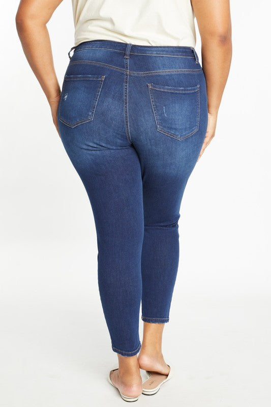Curvy destructed ankle skinny jean, medium wash with back yoke seam and two front pockets