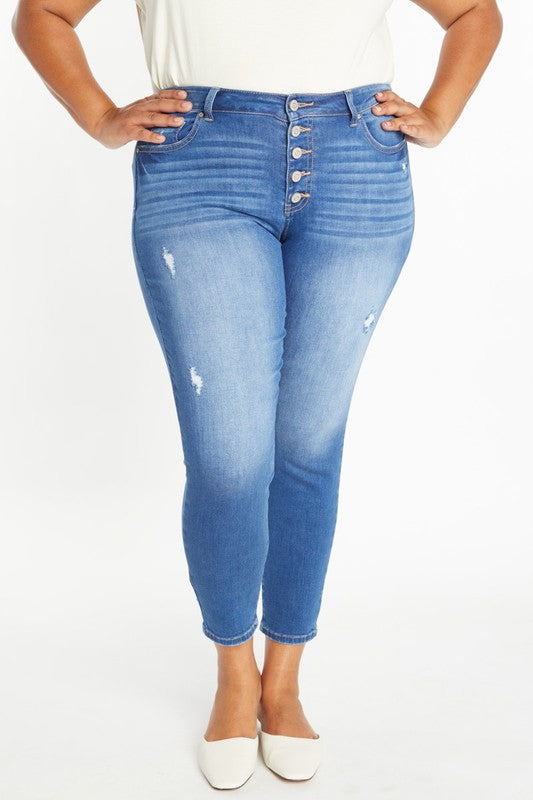 Curvy destructed ankle skinny jean, light-to-medium wash with destroyed patches near knees