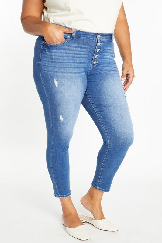 Curvy destructed ankle skinny jean, medium wash with whisker stripes and ankle-length skinny leg