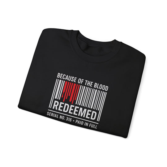Unisex black crewneck sweatshirt front graphic: “REDEEMED” barcode with red drips