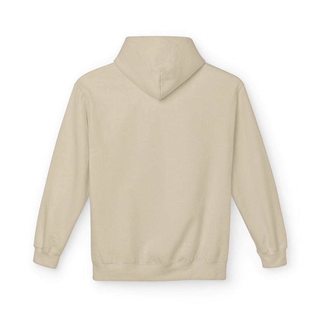 Beige pullover hoodie with front hood and kangaroo pocket, clean solid color.