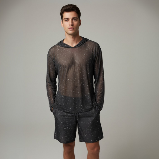 Night Sky swim trunks in dark speckled fabric, drawstring waist, knee length