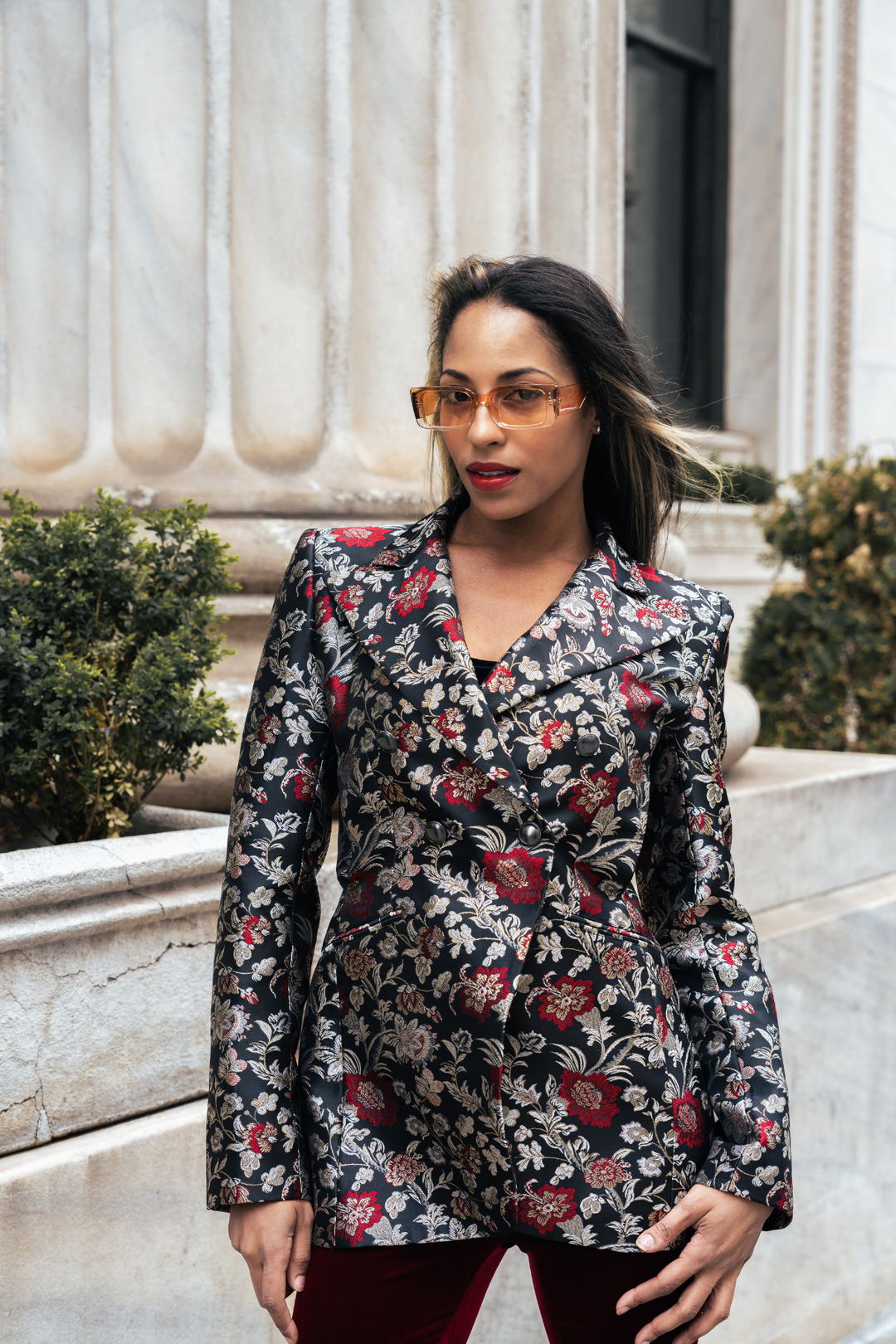 Krimére Blazer mit floralem Print, Reverskragen und geknöpfter Front, Ärmel lang