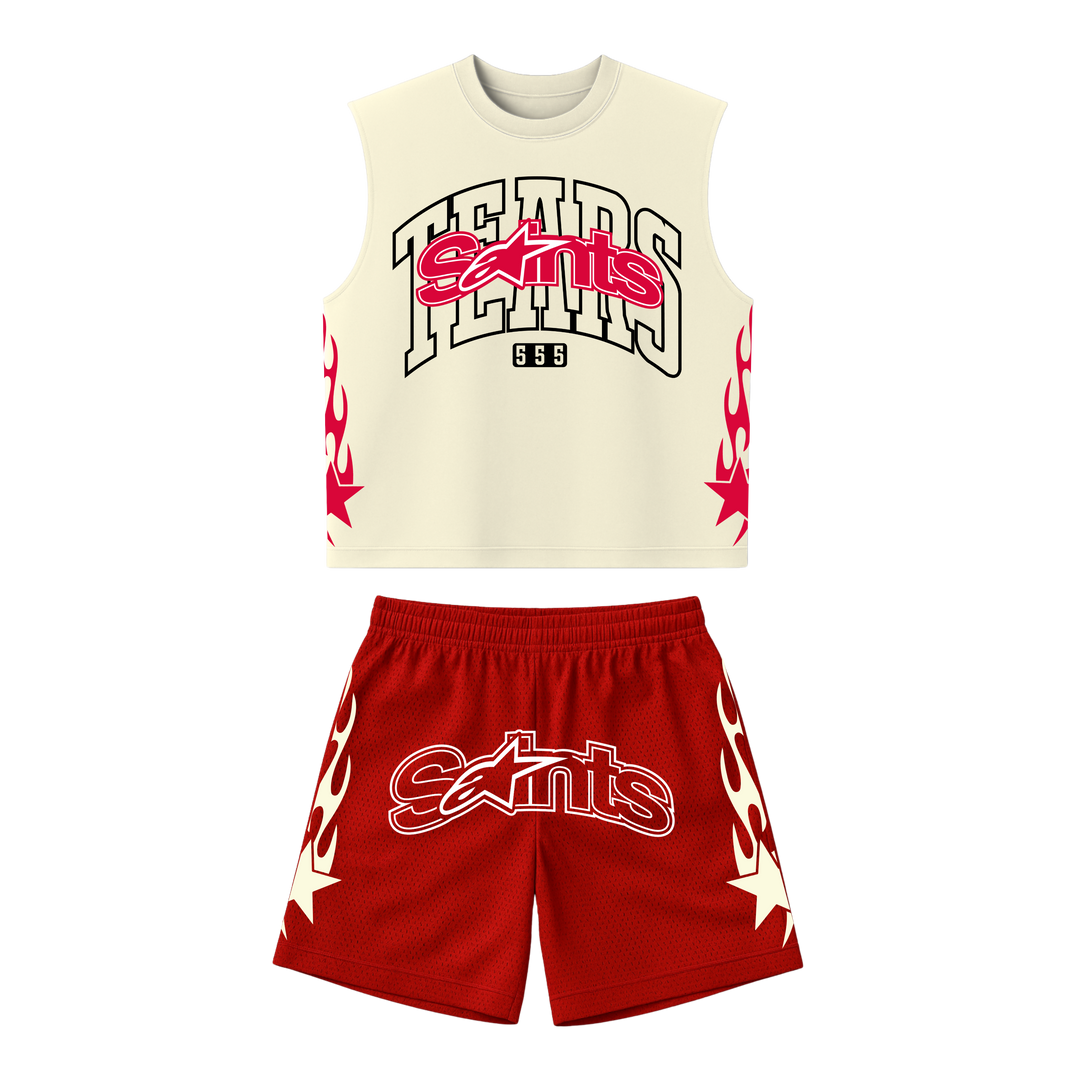 Cream mesh cut-off tank set with red logo lettering and red patterned shorts