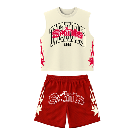 Cream mesh cut-off tank set with red logo lettering and red patterned shorts