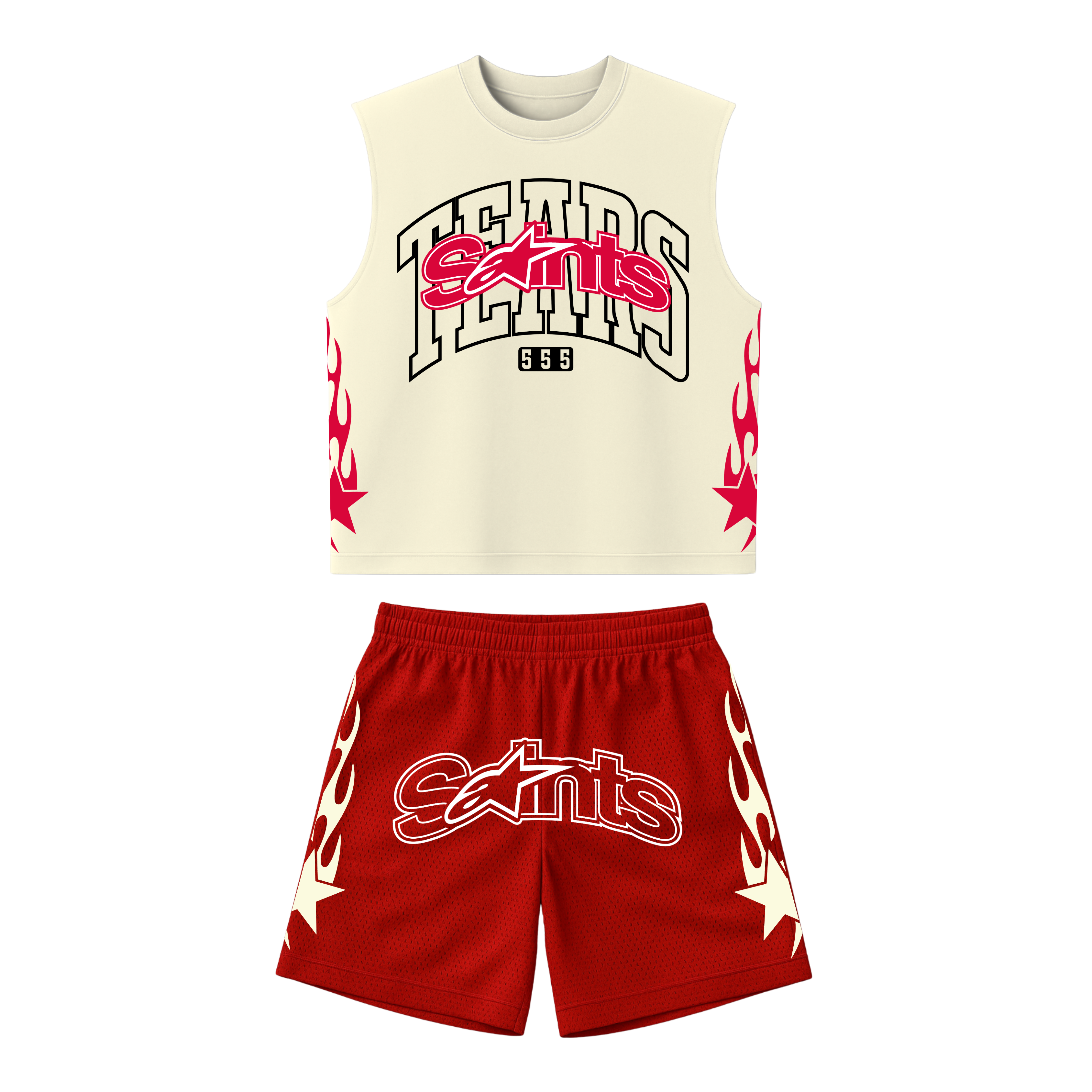 Cream mesh cut-off tank set with red logo lettering and red patterned shorts