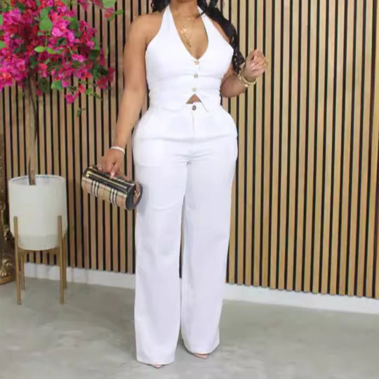 White two-piece dashiki-style vest top and wide-leg pants set