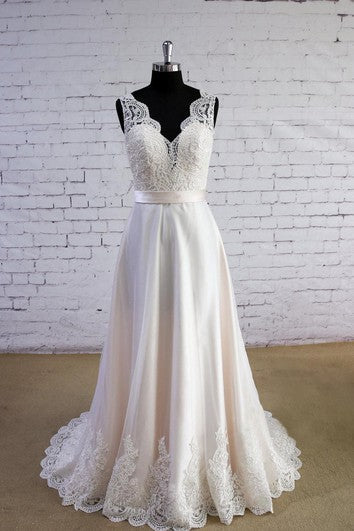 Ivory satin V-neck dress with lace hemline, scalloped lace bodice, waist sash