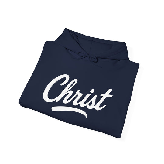 Navy hoodie with white “Christ” script graphic and drawstring hood
