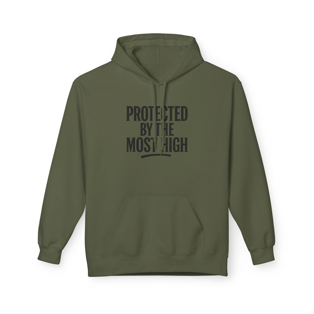 Military Green hoodie with “PROTECTED BY THE MOST HIGH” front print