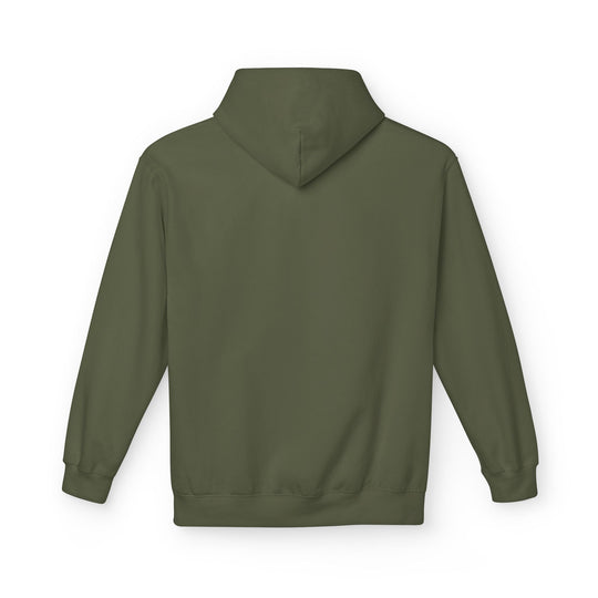 Military green pullover hoodie with front hood and kangaroo pocket, solid color.