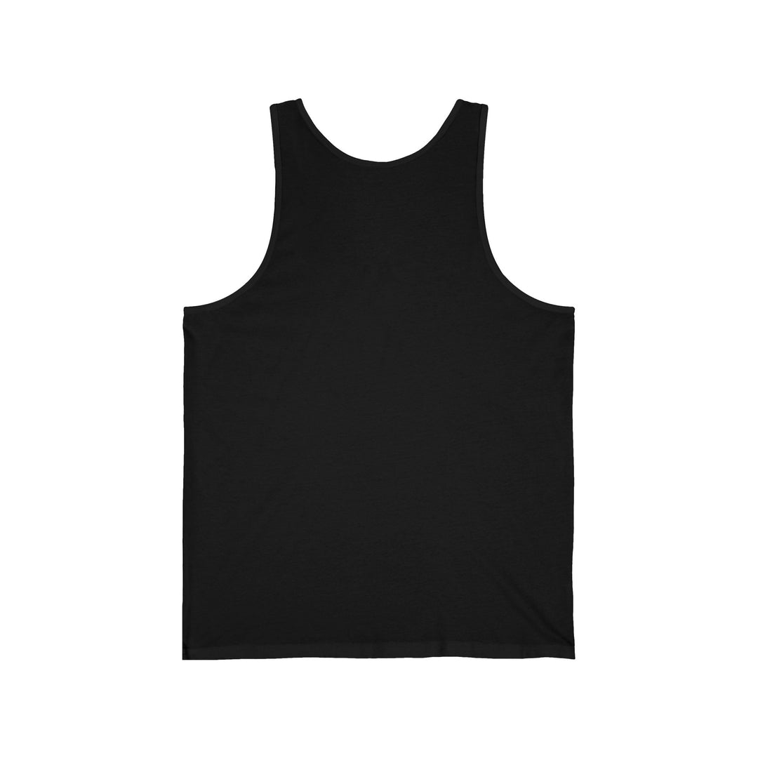 Black tank top, plain front with scoop neckline and wide shoulder straps