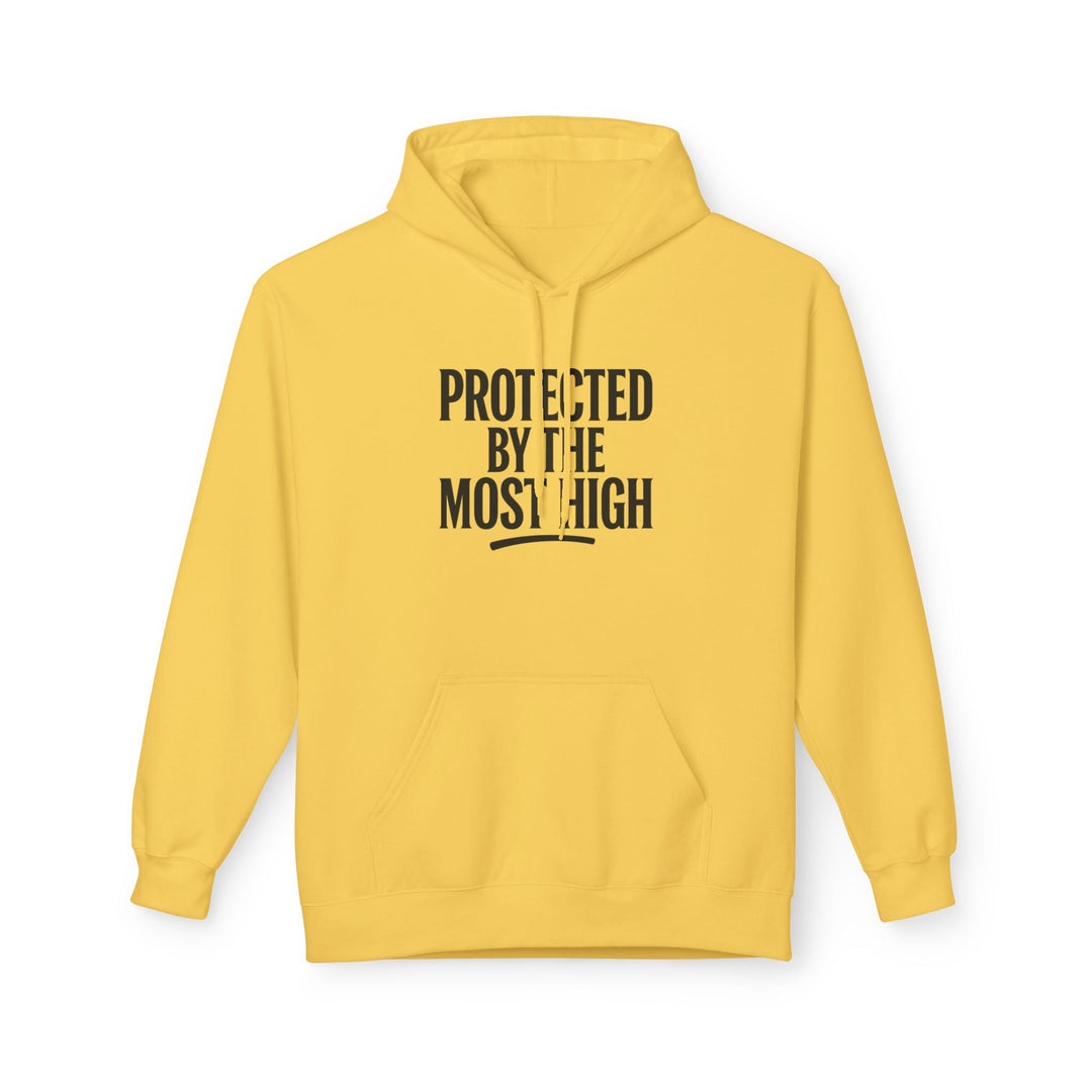 Yellow Haze hoodie with “PROTECTED BY THE MOST HIGH” front print