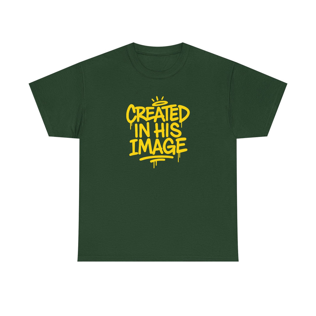 Military green T-shirt with “Created In His Image” yellow graphic
