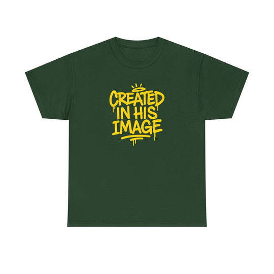Military green T-shirt with “Created In His Image” yellow graphic