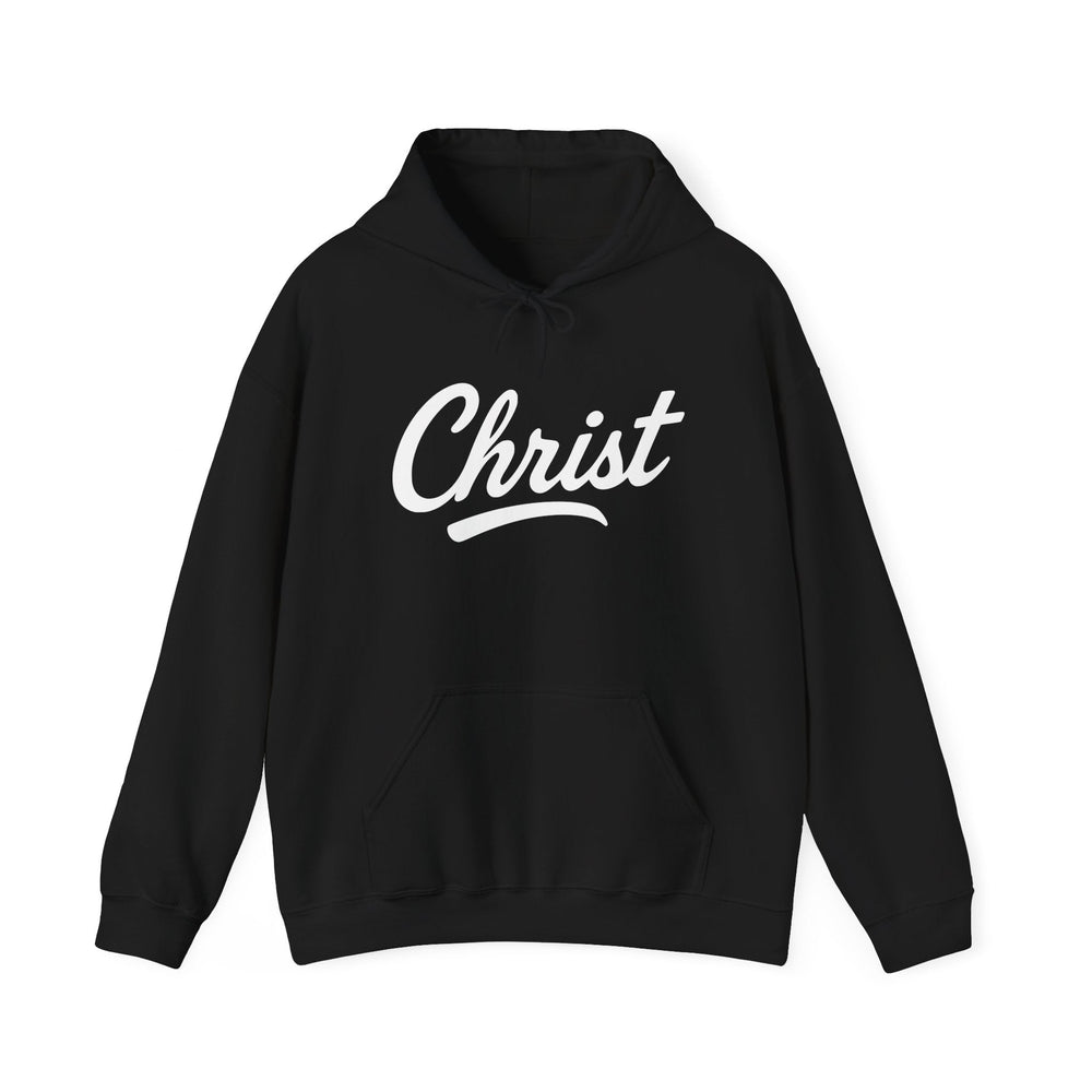 Unisex black hoodie with hood and drawstrings, white “Christ” graphic on front