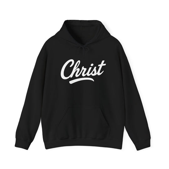 Unisex black hoodie with hood and drawstrings, white “Christ” graphic on front