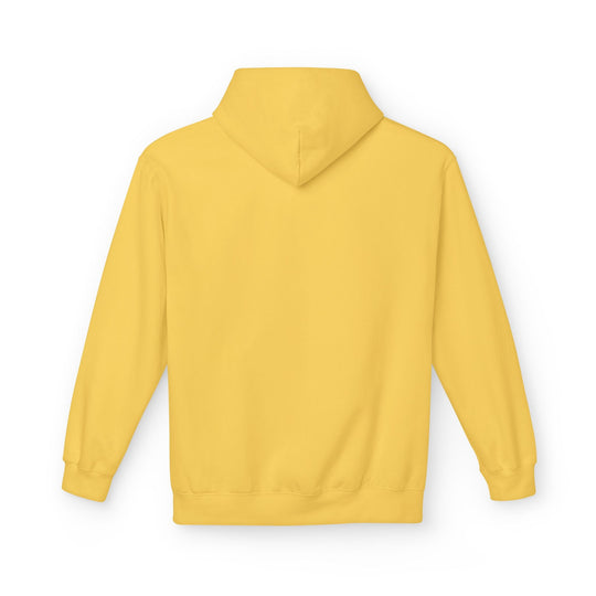 Yellow hoodie with front hood and kangaroo pocket, pullover sweatshirt design.