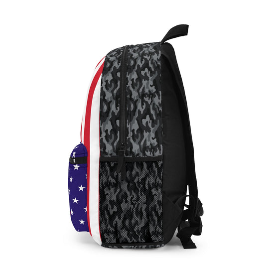 Camo USA backpack back view with black camo, red-white stripe, and blue star pocket