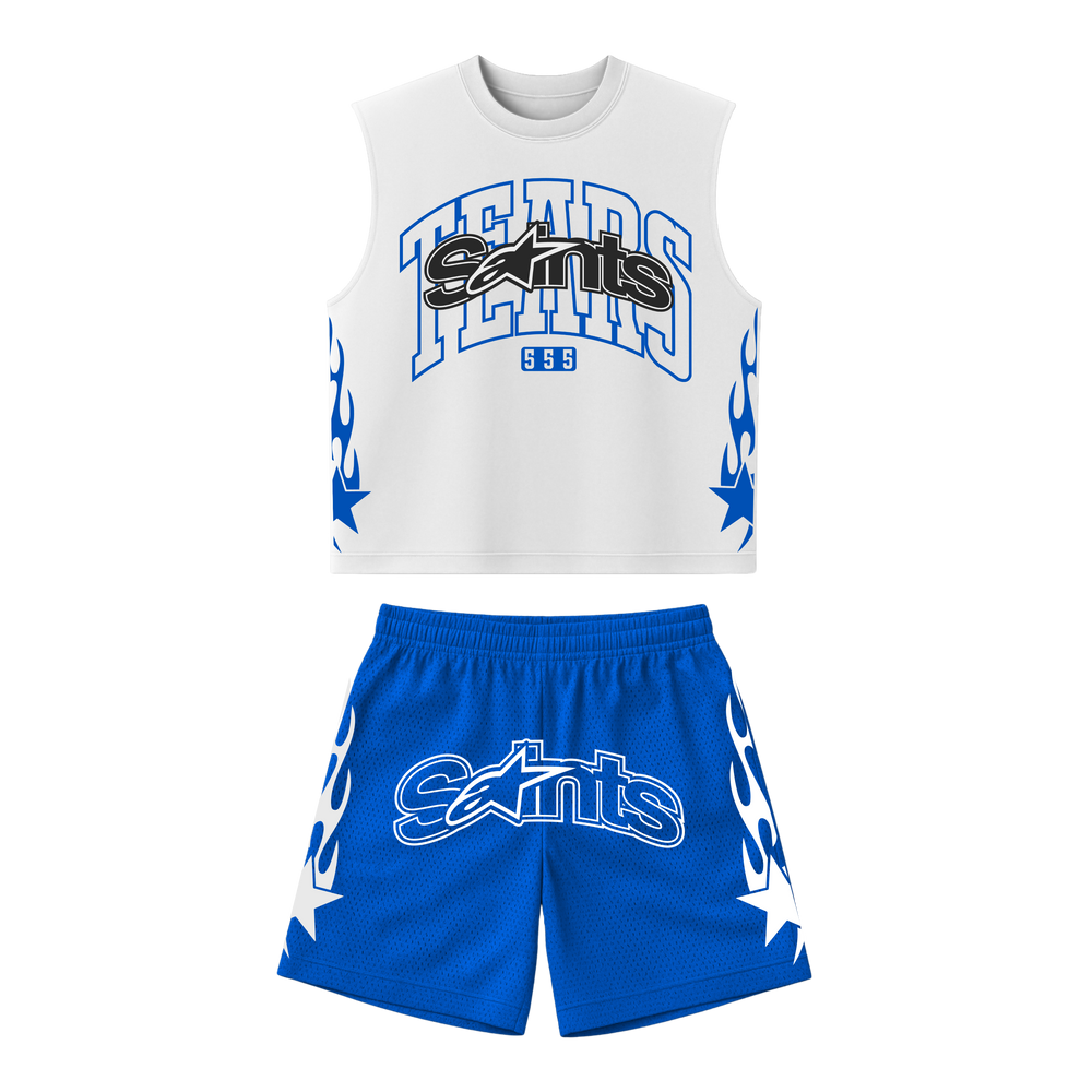 White mesh cut-off tank set with blue logo and blue patterned shorts
