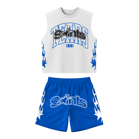 White mesh cut-off tank set with blue logo and blue patterned shorts
