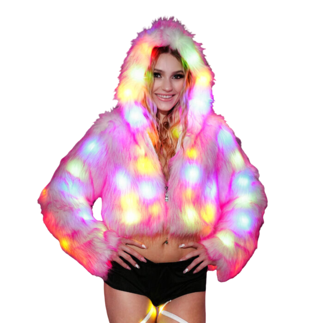 Pink cropped LED faux fur coat with hood and front zipper, glowing multicolor LEDs