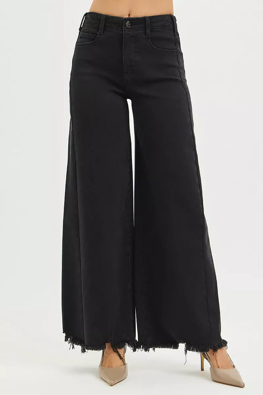 RISEN black high-rise palazzo jeans with frayed hem and tummy-control fit