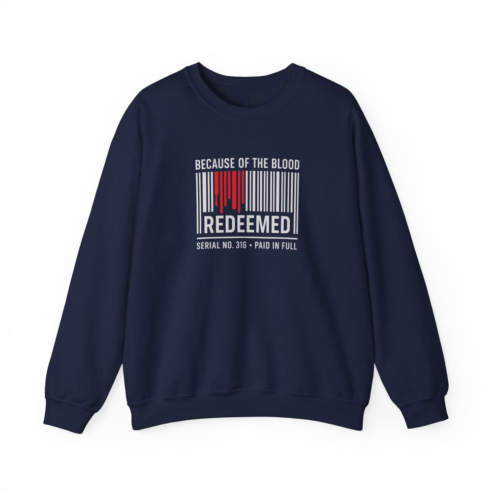 Unisex navy crewneck sweatshirt with barcode-style “REDEEMED” graphic and red ink